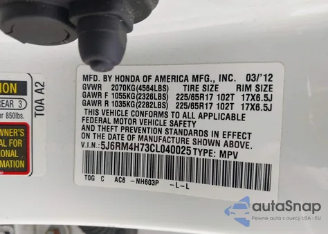 2012 Honda Cr-V Ex-L from USA, damaged, VIN 5J6RM4H73CL040025